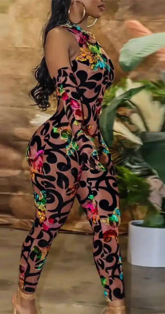 Floral Body Canvas Jumpsuit with Gloves