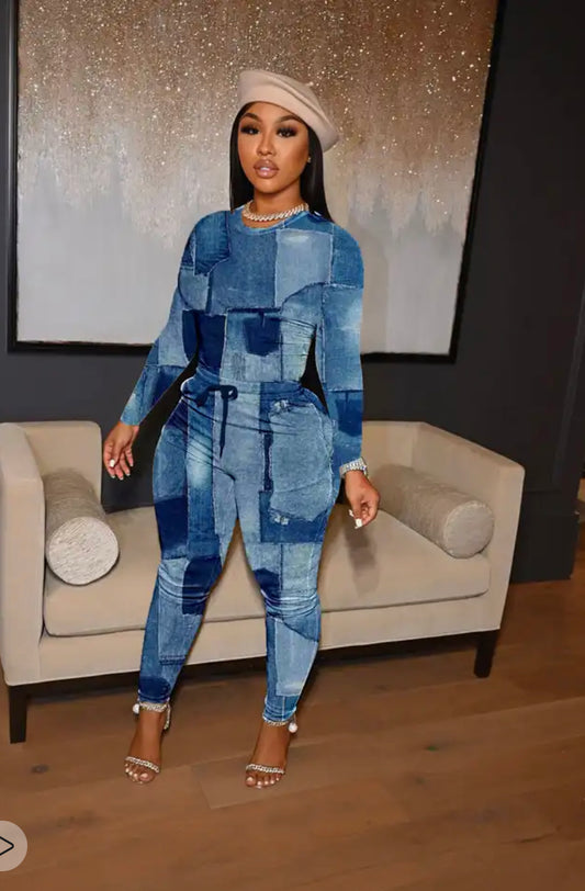 Denim Patchwork Print Tracksuit