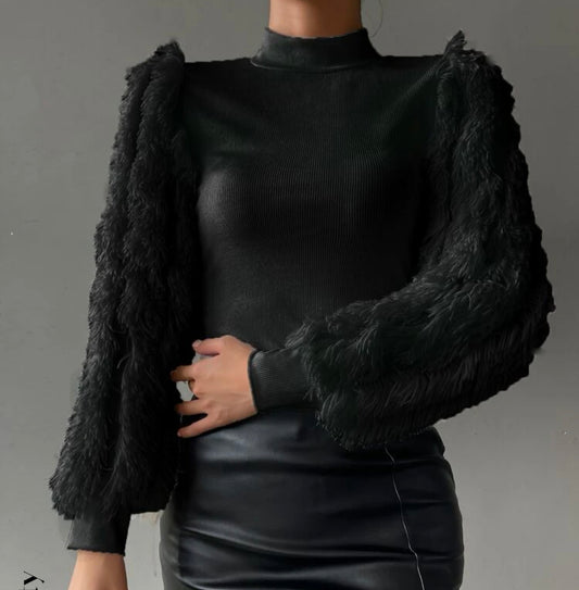 Black Fur Sleeve Top