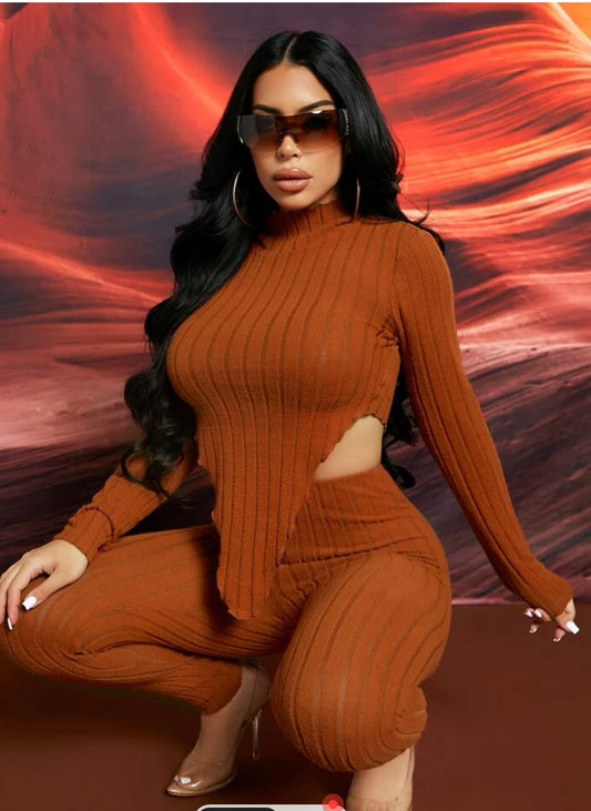 Comfy 2 Piece Ribbed Pants Set (Rust)