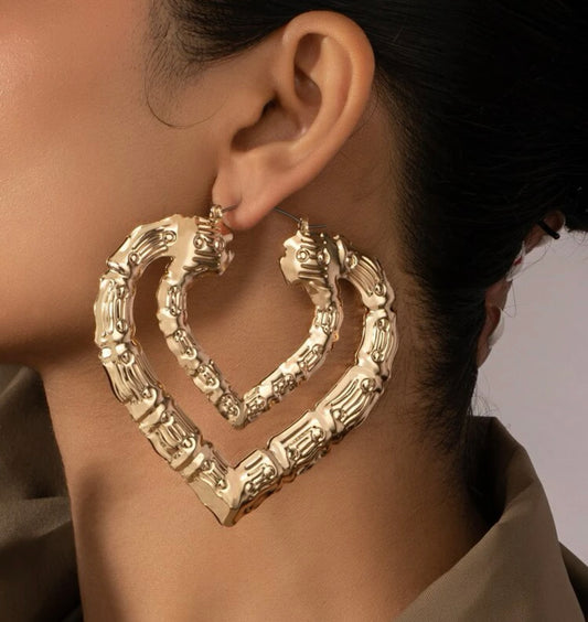 Gold Double Heart Bamboo Earrings