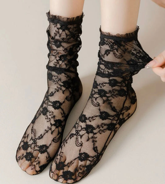 Black Flower Mesh Socks